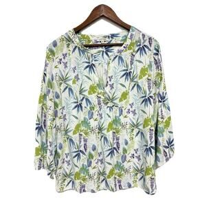 Anne Carson Tropical Botanical Rayon Blouse White Green Purple XL